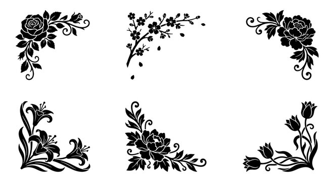 Vintage floral corner borders set, black silhouette flower frame elements, elegant rose and lily decorative ornaments for wedding invitations and stationery