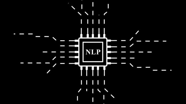 A stark white on black depiction shows a microchip with the letters nlp prominently displayed in its center amidst connecting lines high quality professional. Motion graphics of concept. 4k video