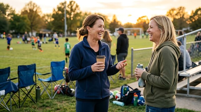 Two women laughing and talking at youth soccer game on sunset sidelines