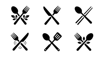 Minimalist cutlery icons set, black crossed fork spoon and knife silhouettes, 6 restaurant logo elements, kitchen utensil vector symbols for dining