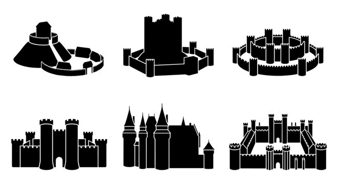 Medieval castle silhouette icons, 6 historical fortress vector elements, black stone palace and citadel set for map design and gaming