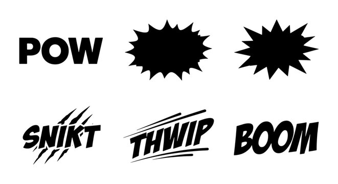 Comic book sound effects set, black onomatopoeia words and speech bubbles, POW SNIKT THWIP and BOOM action icons, vector graphic elements