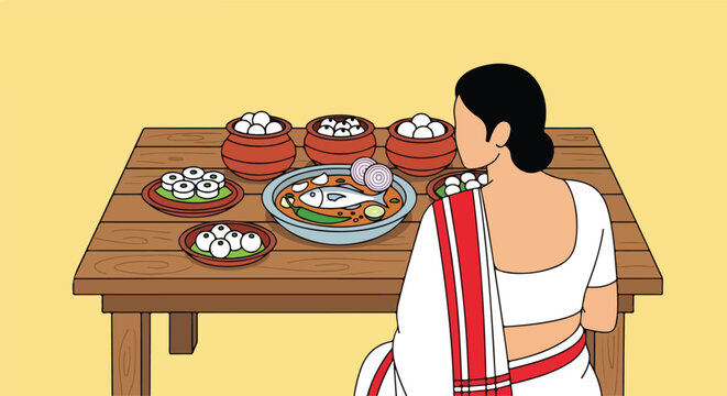 A woman in a white saree sits at a wooden table laden with traditional Indian food, including fish curry and several bowls of white sweets.