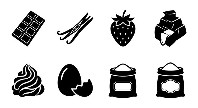 Baking ingredients icon set, 8 black silhouette vector elements, chocolate and vanilla cooking symbols, flour and sugar sacks for bakery branding