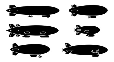 Vintage airship silhouette collection, set of 6 dirigible blimp icons, retro zeppelin transport vectors for historical aviation design © Mithi