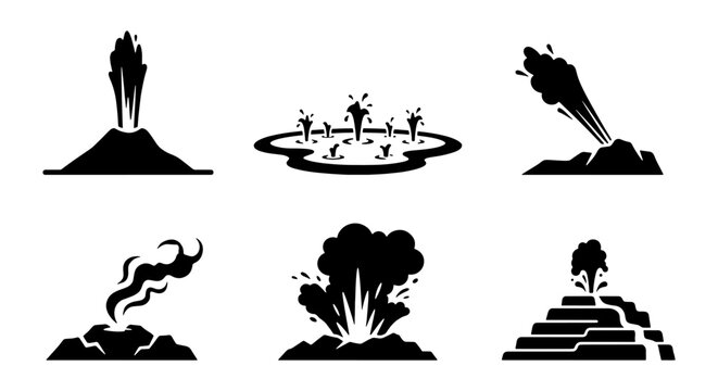 Volcano eruption icons set with lava, smoke, and geyser for disaster or science infographics