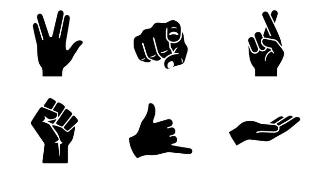 Black hand gesture icons set, human hand silhouettes with finger signals, collection of 6 vector hand signs for communication and UI design
