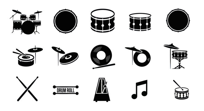 Drum Set Icons and Musical Symbols Collection