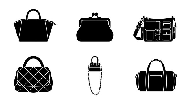 Black handbag silhouette icons set, fashion bag and purse collection vector, stylish female accessories for shopping and travel, 6 items