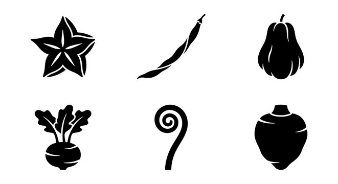 Exotic tropical vegetable icons set, black silhouette organic food illustrations, 6 vector elements featuring starfruit and root vegetables