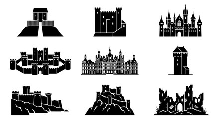 Fototapeta premium Medieval castle silhouette icons set, ancient fortress and palace vector elements, historic stone citadel and ruins collection for gaming and maps