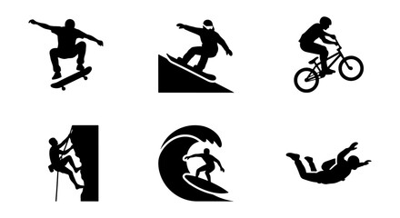 Fototapeta premium Extreme sports silhouette icons set, 6 black vector elements of skateboarding and surfing, outdoor adventure activities and mountain climbing graphics
