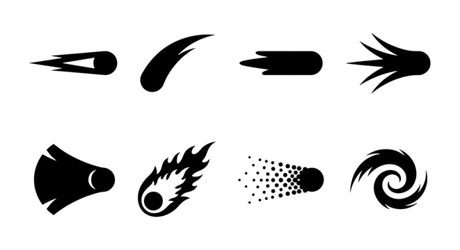 Black comet icons set, celestial meteor silhouettes with fire trails, 8 space asteroid vector elements, falling star and galaxy spiral symbols