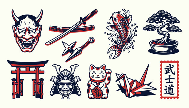 Traditional Japanese heritage icons and samurai symbols in vintage tattoo style