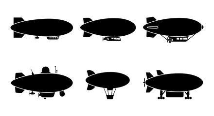 Vintage blimp silhouette collection, set of 6 airship vector icons, retro dirigible and zeppelin transport symbols, black aviation flying machines © Nilufa