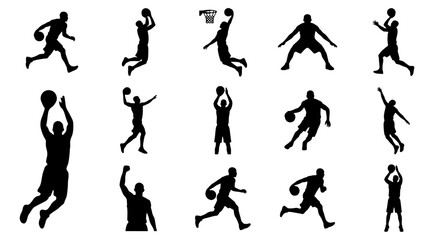 Basketball player silhouettes set, 15 athlete vector elements in action poses, professional basketball players jumping and dribbling, sports graphic collection © Nilufa