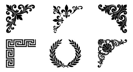 Vintage ornamental corner set with 6 vector elements, classic baroque filigree and greek key borders, elegant black floral frame accents © Nilufa