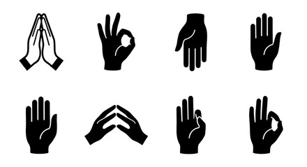 Fototapeta premium Minimalist hand gestures icon set, black silhouette mudra symbols for meditation and yoga, 8 vector hand signs for spiritual wellness and communication