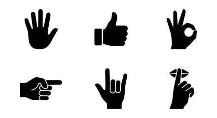 Black hand gesture icons set, 6 vector human hand signs including thumbs up and pointing, minimalist communication symbols for web design © Nilufa
