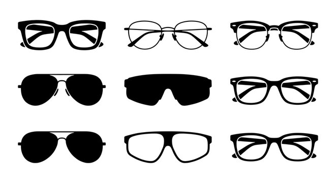 Black eyewear icons set, 9 vector glasses silhouettes, stylish sunglasses and optical frames collection for fashion design and optometry