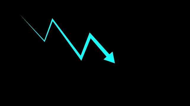 Business down graph cyan color arrow financial chart investment market concept black background. 4k video animation