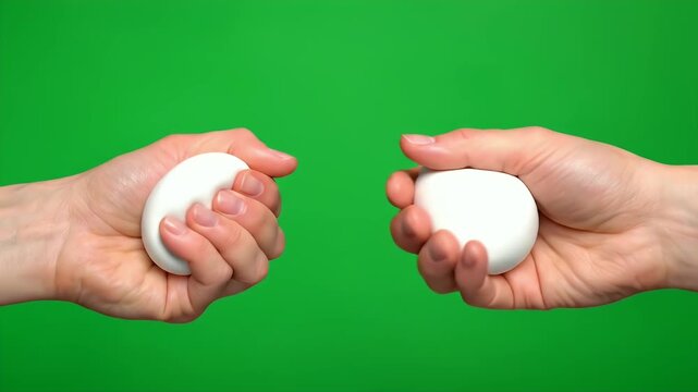 Two Hands Squeezing Soft White Objects With Smooth Texture On A Vibrant Green Chroma Key Background In A Seamless Loop