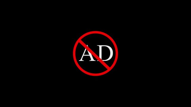 A stark red and black image depicts a prohibitory sign featuring the letters ad crossed out by a diagonal line conveying restriction high quality. Motion graphics. concept. 4k video animation