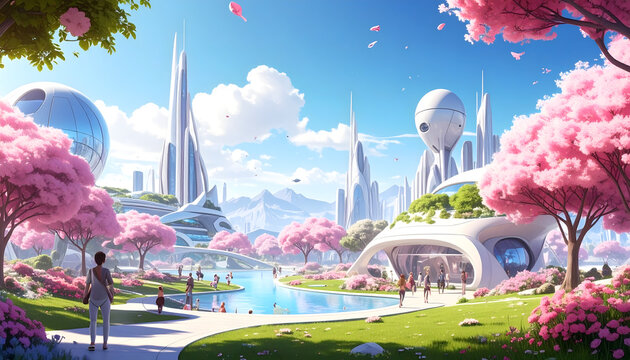 Utopian park where round robots do all labor while humans engage in art and philosophy under a bright blue sky generative AI
