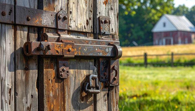 A close-up of a rustic wooden gate with rusty metal hardware