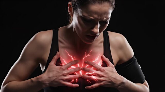 Woman In Black Top Experiencing Sternum Pain With Red Energy Effect Isolated Black Background
