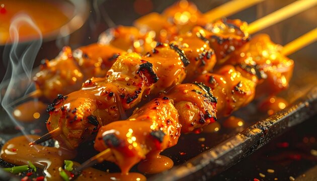 Sauced chicken skewers. Sticky grilled skewers with a rich glaze, likely Indonesian chicken satay with bold barbecue flavor.