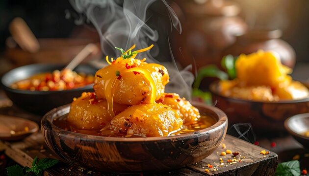 Spicy Potato Curry. Golden potatoes in a rich sauce with steam, likely Indian or South Asian-inspired comfort food.