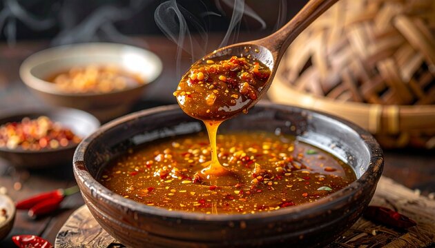 Chili Sauce Pour. Thick spicy sauce being ladled into a bowl, warm rustic cooking scene, likely Indonesian sambal or chili paste.