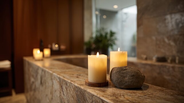 Elegant bathroom interior featuring lit candles on a marble countertop with a stone, plants in the background, and a modern shower area visible through glass