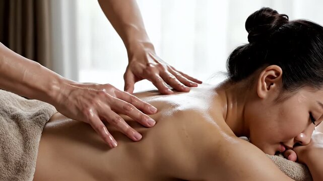 Woman receiving therapeutic back massage with oil and scrub during a spa session with soft lighting and textured towels