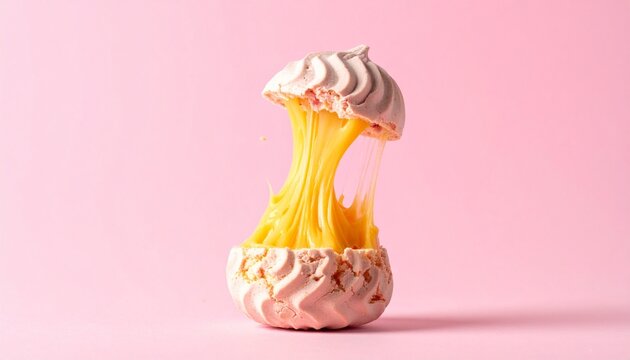 Pink macaron with melted cheese. Sweet and savory dessert sandwich with amazing long mozzarella cheese pull food photography.