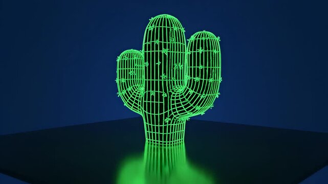 Cactus de ne&oacute;n 3D giratorio con malla verde para celebraciones de Cinco de Mayo, dise&ntilde;o digital futurista de icono mexicano para publicidad y contenido creativo en redes sociales.