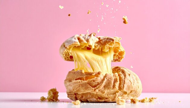 Savory cheese puff pastry pull. Golden baked choux cream puff filled with warm melting mozzarella cheese on pink backdrop.