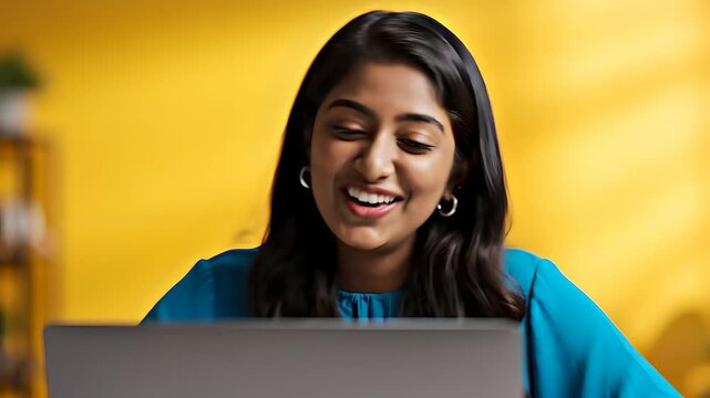 Mujer joven alegre saludando en videollamada de port&aacute;til, planeando eventos de Cinco de Mayo, marketing digital festivo, comunicaci&oacute;n remota para promociones y celebraciones.