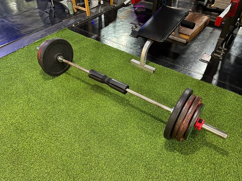 Heavy barbell with weight plates and neck pad on green synthetic turf. Professional strength training equipment in a fitness gym for bodybuilding, powerlifting, and squat exercises.