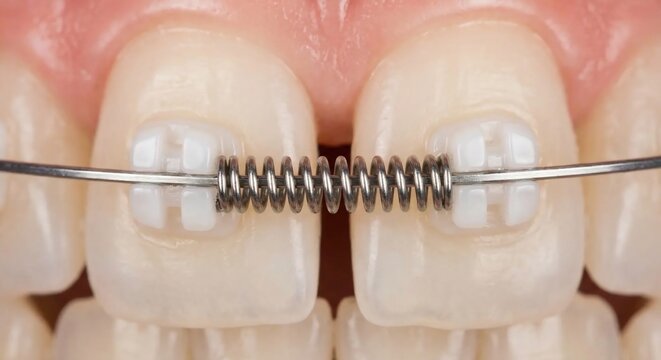 Close up of dental orthodontic braces with ceramic brackets and metal coil spring.