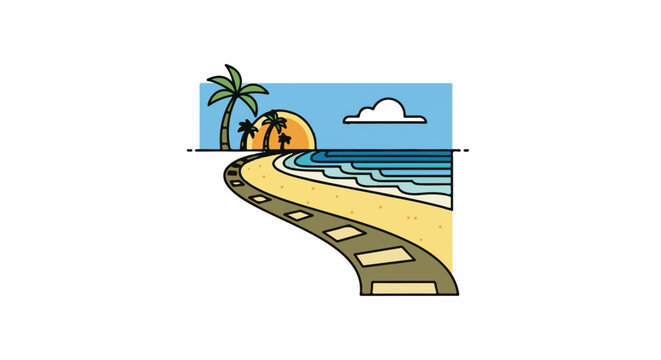 Stylized beach scene with palm trees, sun, ocean, and a paved path