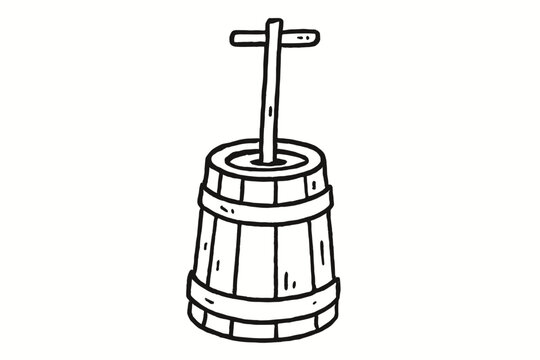 Vintage wooden butter churn barrel with dasher for farmhouse kitchen labels and rustic branding, flat vector illustration