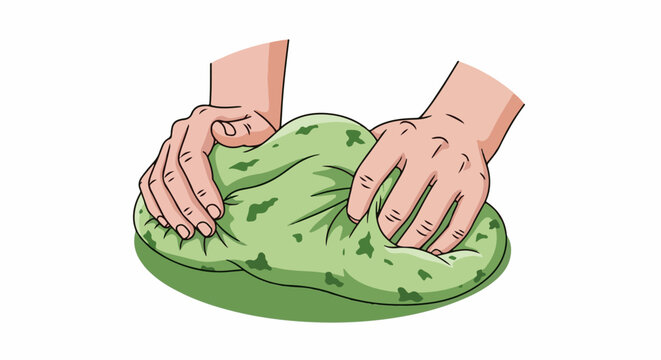 Hands squishing a green, patterned, soft material