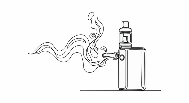 Continuous line art of a vape device emitting stylized smoke plumes