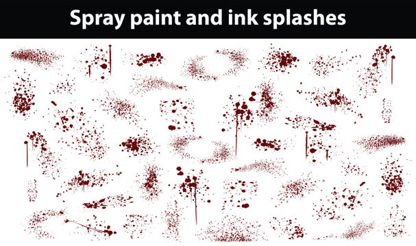 Spray paint and ink splashes. Mud graffiti effect, stencil spray paint borders. Vector punk and street art vector hand drawn elements. Graphic set of grunge dirty splash stains and blots
