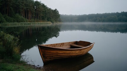 Obraz premium Wooden rowboat floating on calm lake water surrounded by lush green trees and misty landscape in early morning light reflecting on the surface