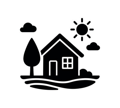House on a sunny landscape with tree and clouds for property and home background, flat vector icon