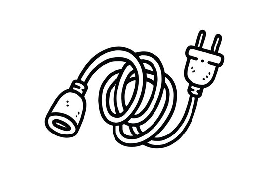 Coiled power extension cord with plug and socket for appliance and tool use, flat vector illustration