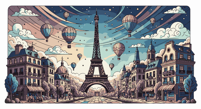 Pixelated Paris scene with Eiffel Tower and hot air balloons at dusk